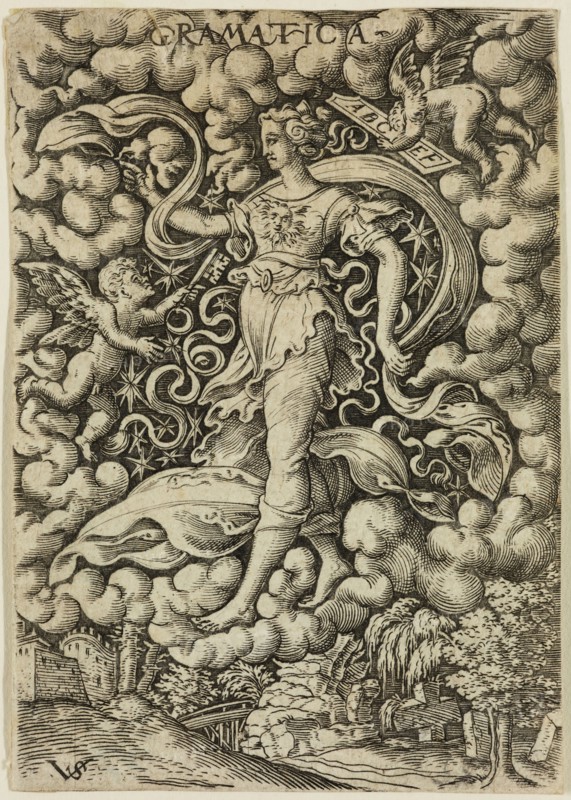 Virgil Solis, German, 1514-1562, Grammar, mid-16th century, engraving printed in black ink on laid paper, Sheet (trimmed within plate mark): 3 1/4 × 2 1/4 inches (8.3 × 5.7 cm)