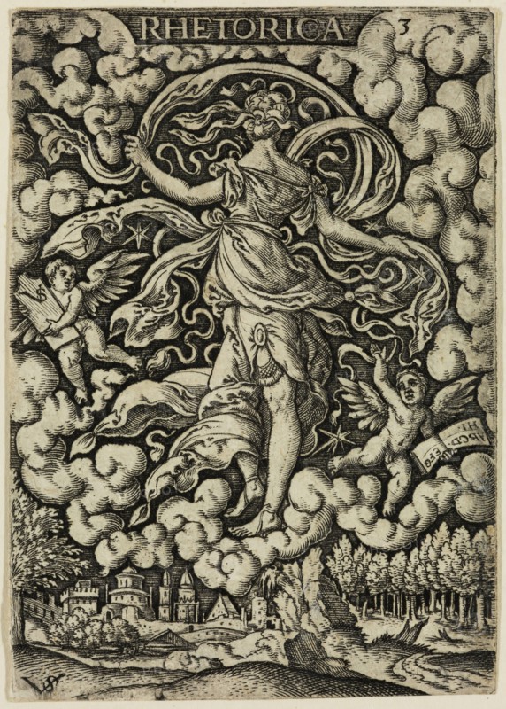 Virgil Solis, German, 1514-1562, Rhetoric, mid-16th century, engraving printed in black ink on laid paper, Sheet (trimmed within plate mark): 3 1/4 × 2 1/4 inches (8.3 × 5.7 cm)
