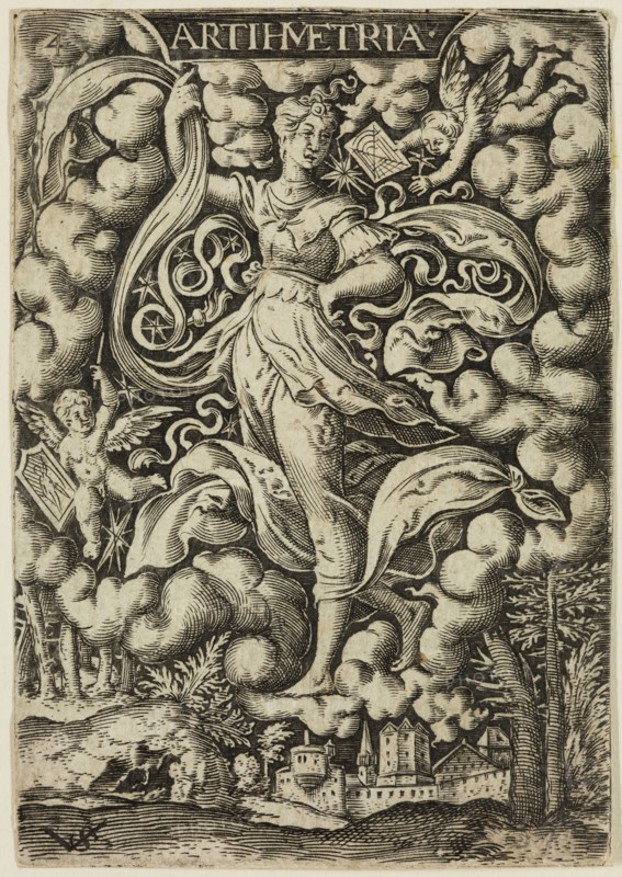 Virgil Solis, German, 1514-1562, Arithmetic, mid-16th century, engraving printed in black ink on laid paper, Sheet (trimmed within plate mark): 3 1/4 × 2 1/4 inches (8.3 × 5.7 cm)