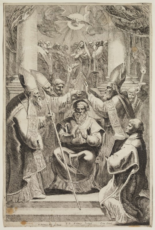 Pieter Claesz Soutman, Dutch, 1580-1657, after Peter Paul Rubens, Flemish, 1577-1640, The Consacration of a Bishop, between 1580 and 1657, etching printed in black ink on laid paper, Sheet (trimmed within plate mark): 13 × 8 5/8 inches (33 × 21.9 cm)