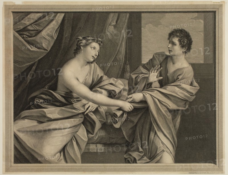 Robert Strange, English, 1721-1792, Joseph and Potiphar's Wife, 1769, engraving printed in black ink on laid paper, Image: 14 × 18 1/8 inches (35.6 × 46 cm)