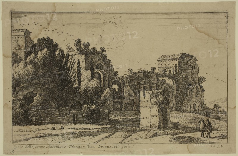 Herman van Swanevelt, Dutch, 1600-1655, Baths of Caracalla, 1652, etching and engraving printed in black ink on laid paper, Plate: 4 5/8 × 7 1/4 inches (11.7 × 18.4 cm)