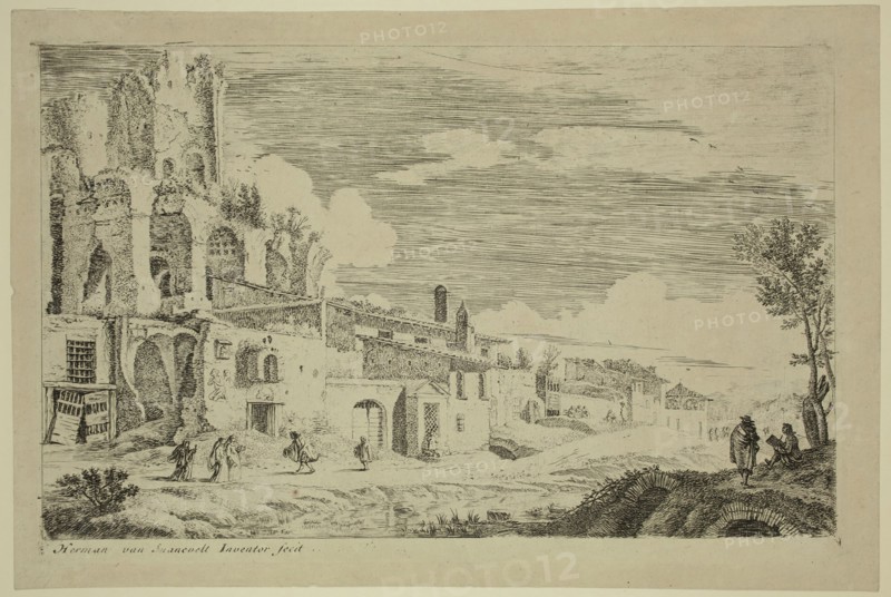 Herman van Swanevelt, Dutch, 1600-1655, Landscape with an Artist Sketching, between 1600 and 1655, etching and engraving printed in black ink on laid paper, Plate: 7 1/8 × 11 inches (18.1 × 27.9 cm)