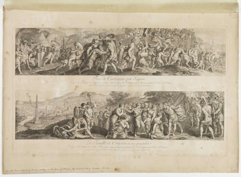 Nicolas Henri Tardieu, French, 1674-1749, after Giulio Romano, Italian, 1499-1546, The Taking of Carthage by Scipion (and) The Family of Coriolan on Its Knees, between 1674 and 1749, engraving printed in black ink on laid paper, Plate: 17 3/8 × 27 7/8 inches (44.1 × 70.8 cm)