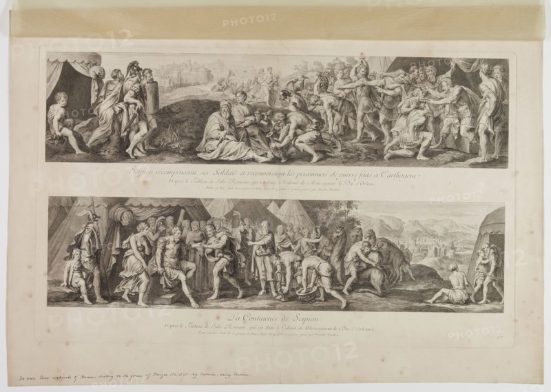 Nicolas Henri Tardieu, French, 1674-1749, after Giulio Romano, Italian, 1499-1546, Scipion Rewarding His Soldiers and Reviewing the Prisoners of War Taken at Carthage, between 1674 and 1749, engraving printed in black ink on laid paper, Plate: 17 × 27 5/8 inches (43.2 × 70.2 cm)