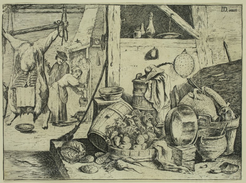 David Teniers the Younger, Flemish, 1610 - 1690, Kitchen Interior, 1650, etching printed in black ink on laid paper, Sheet (trimmed within plate mark): 5 7/8 × 7 7/8 inches (14.9 × 20 cm)