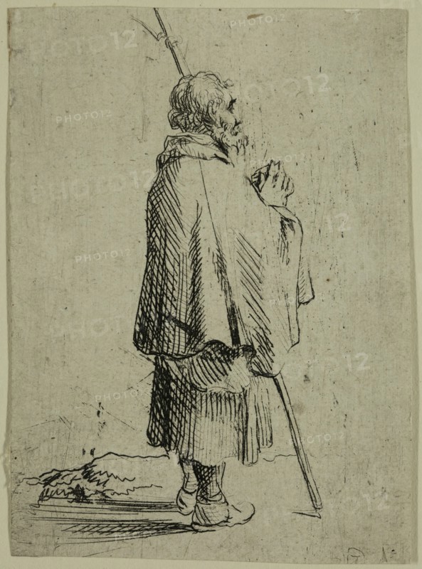 David Teniers the Younger, Flemish, 1610 - 1690, A Pilgrim, 17th century, etching printed in black ink on laid paper, Sheet (trimmed within plate mark): 3 3/8 × 2 1/2 inches (8.6 × 6.4 cm)