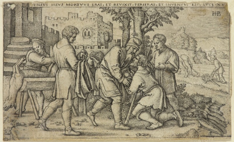 Hans Sebald Beham, German, 1500-1550, Return of the Prodigal Son, between 1500 and 1550, engraving printed in black ink on laid paper, Sheet (trimmed within plate mark): 2 1/4 × 3 7/8 inches (5.7 × 9.8 cm)