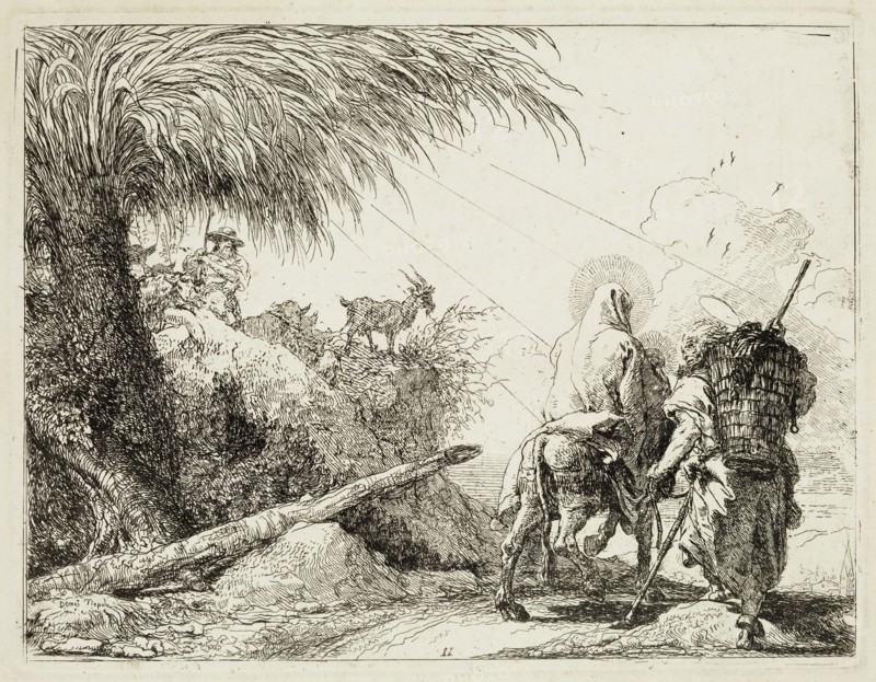 Giovanni Domenico Tiepolo, Italian, 1727-1804, Joseph and Mary Passing a Shepherd and His Flock, ca. 1753, etching printed in black ink on laid paper, Plate: 7 1/2 × 9 5/8 inches (19.1 × 24.4 cm)
