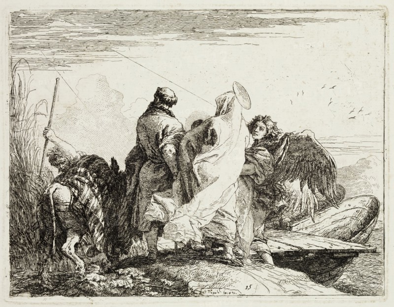 Giovanni Domenico Tiepolo, Italian, 1727-1804, The Holy Family Stepping off the Bank, ca. 1753, etching printed in black ink on laid paper, Plate: 7 3/8 × 9 5/8 inches (18.7 × 24.4 cm)
