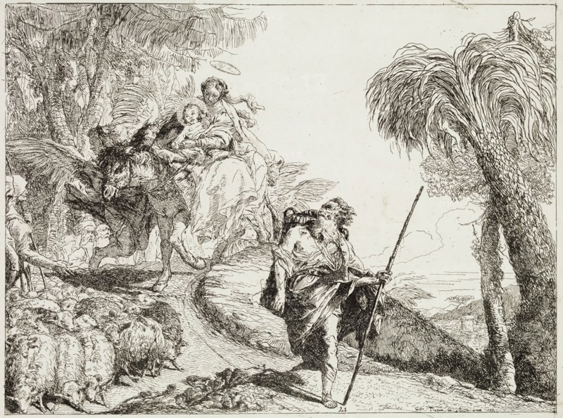 Giovanni Domenico Tiepolo, Italian, 1727-1804, The Holy Family Descending a Forest Path, near a Flock and Some Shepherds, 1753, etching printed in black ink on laid paper, Plate: 7 1/2 × 9 7/8 inches (19.1 × 25.1 cm)