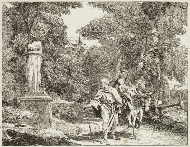 Giovanni Domenico Tiepolo, Italian, 1727-1804, The Holy Family Passing a Statue, the Head of Which Falls to the Ground, ca. 1753, etching printed in black ink on laid paper, Plate: 7 1/2 × 9 5/8 inches (19.1 × 24.4 cm)