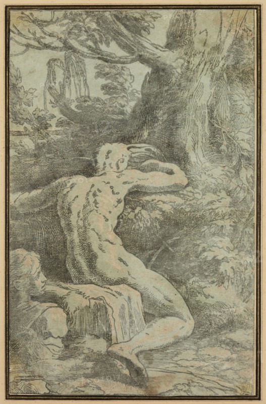 Antonio da Trento, Italian, 1508-1550, after Parmigianino, Italian, 1503-1540, Seated Man Seen from Behind, 16th century, chiaroscuro woodcut printed in blue and black ink on laid paper, Image and sheet: 11 × 7 inches (27.9 × 17.8 cm)