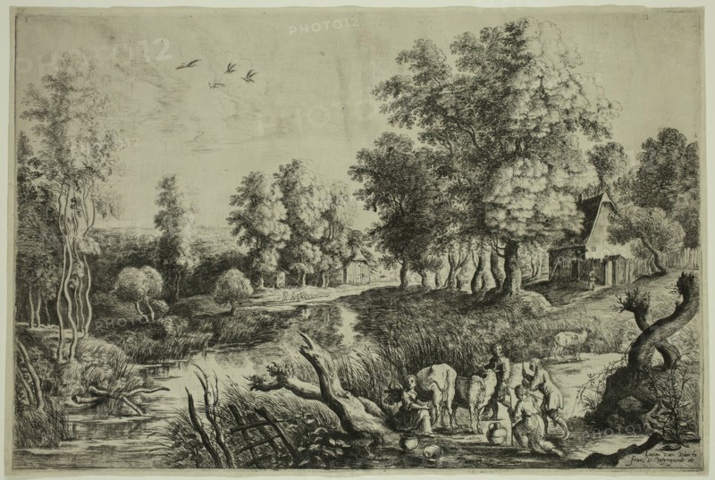 Lucas van Uden, Flemish, 1595-1673, after Peter Paul Rubens, Flemish, 1577-1640, A Village Near a Stream, after 1640, etching and engraving printed in black ink on laid paper, Plate: 8 1/4 × 12 3/8 inches (21 × 31.4 cm)