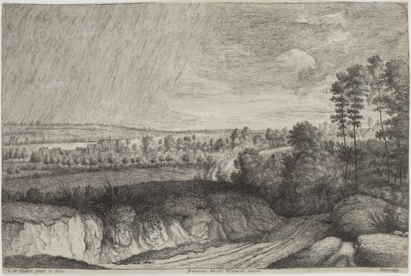 Lucas Emil, the Elder Vorsterman, Flemish, 1595-1675, after Lodewyk de Vadder, Flemish, 1605-1655, Landscape in the Rain, 17th Century, Etching and engraving printed in black on laid paper, sheet (trimmed within plate mark):