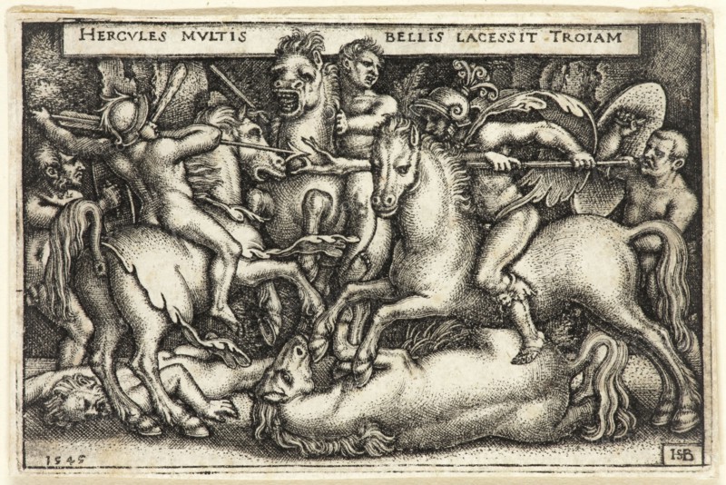 Hans Sebald Beham, German, 1500-1550, Hercules Fighting Against the Trojans, 1545, engraving printed in black ink on laid paper, Plate: 2 × 3 1/8 inches (5.1 × 7.9 cm)