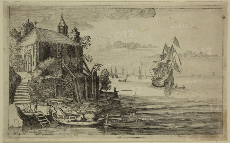 Jan van de Velde, Dutch, 1593-1641, after Cornelis Claesz van Wieringen, Dutch, c.1580 - 1633, A Chapel by the Sea, 17th century, etching printed in black ink on cream laid paper, Plate: 4 7/8 × 8 inches (12.4 × 20.3 cm)