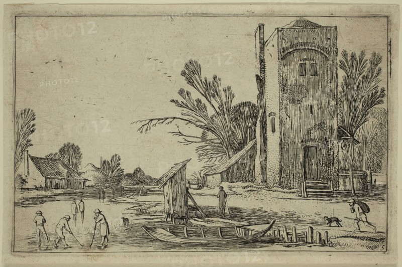 Esaias van de Velde, Dutch, 1587-1630, Frozen River to Left of a Square Tower, early 17th century, etching printed in black ink on laid paper, Plate: 4 1/2 × 7 inches (11.4 × 17.8 cm)