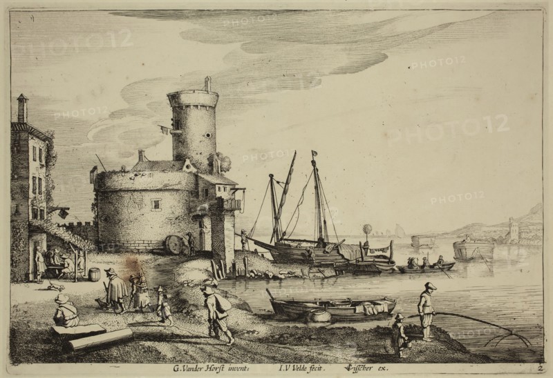 Jan van de Velde, Dutch, 1593-1641, after Gerard van der Horst, Dutch, River Landscape with Inn and a Watch Tower, 17th century, etching and engraving printed in black ink on laid paper, Plate: 7 3/4 × 11 3/8 inches (19.7 × 28.9 cm)