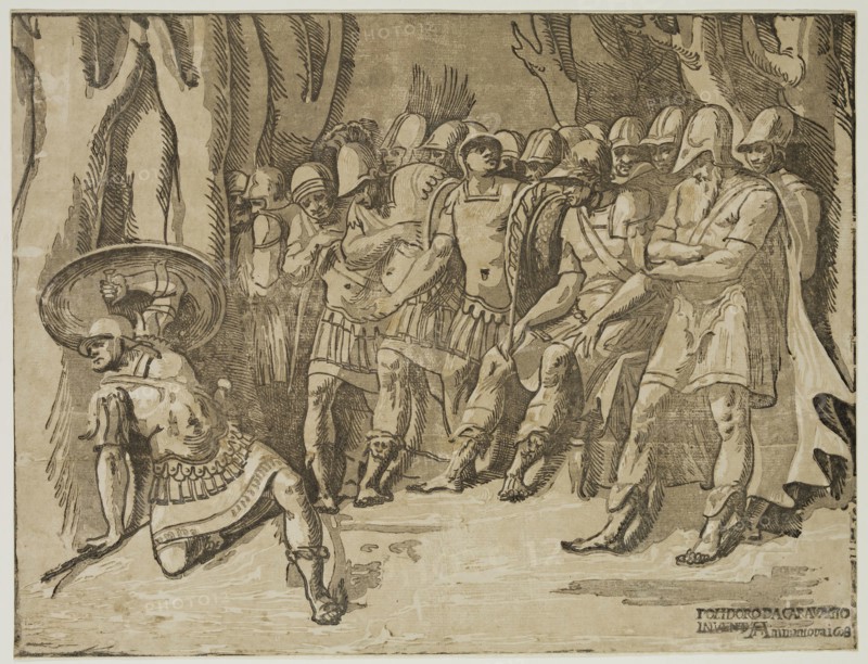 Giuseppe Nicola Rossigliani, Italian, active early 16th century, after Polidoro da Caravaggio, Italian, ca. 1499-1543, Death of Ajax, ca. 1608, chiaroscuro woodcut printed in black, gray and brown ink on laid paper, Image and sheet: 12 3/8 × 16 3/8 inches (31.4 × 41.6 cm)
