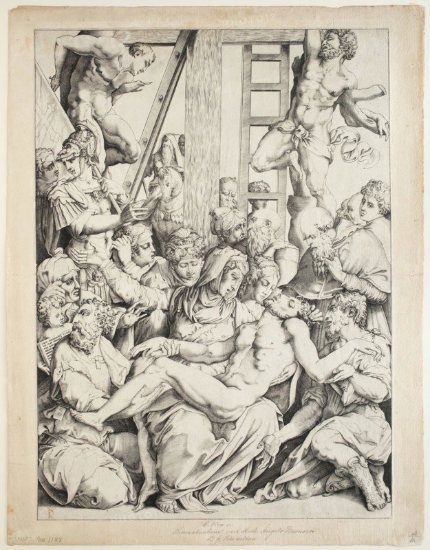Enea Vico, Italian, 1523-1567, Descent from the Cross, between 1523 and 1567, engraving printed in black ink on laid paper, Image: 21 3/4 × 15 3/4 inches (55.2 × 40 cm)