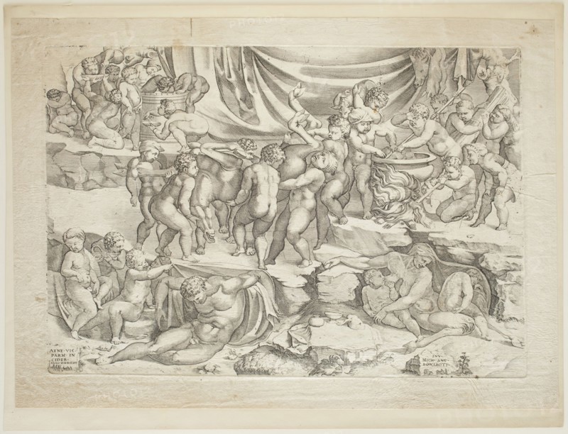Enea Vico, Italian, 1523-1567, after Michelangelo, Italian, 1475-1564, Children Carrying a Deer to a Caldron, 1546, engraving printed in black ink on laid paper, Plate: 11 1/4 × 16 1/4 inches (28.6 × 41.3 cm)