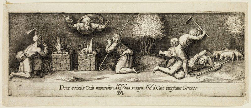 Francesco Villamena, Italian, 1566-1624, after Raphael, Italian, 1483-1520, Cain and Abel's Offering and the Death of Abel, between 1566 and 1624, engraving printed in black ink on laid paper, Plate: 3 3/4 × 10 3/8 inches (9.5 × 26.4 cm)