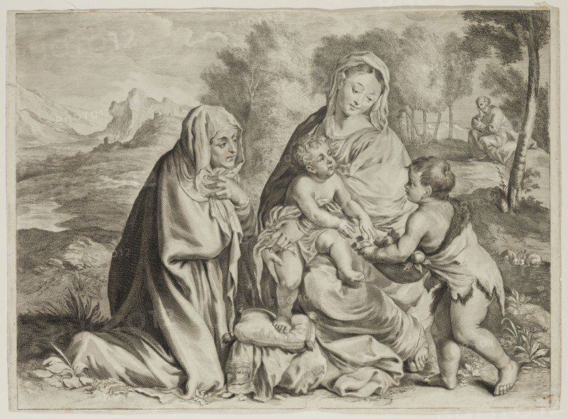 Cornelius Visscher, Dutch, 1619-1662, after Palma Vecchio, Italian, 1480-1528, Holy Family in a Landscape, between 1619 and 1662, engraving printed in black ink on laid paper, Sheet (trimmed within plate mark): 11 × 15 1/2 inches (27.9 × 39.4 cm)
