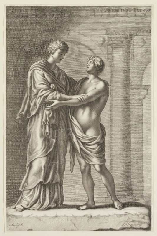 Karl Gustav von Amling, German, 1651-1702, after Joachim von Sandrart I, German, 1606-1688, Marcus Aurelius and Lucius Verus, ca. 1675, engraving printed in black ink on laid paper, Plate: 13 × 8 1/2 inches (33 × 21.6 cm)