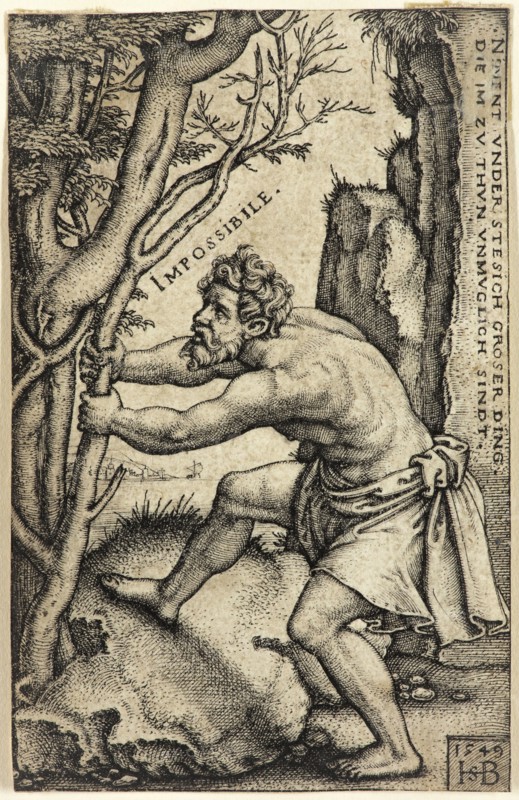 Hans Sebald Beham, German, 1500-1550, Impossibility, 1549, engraving printed in black ink on laid paper, Sheet (trimmed within plate mark): 3 1/4 × 2 inches (8.3 × 5.1 cm)
