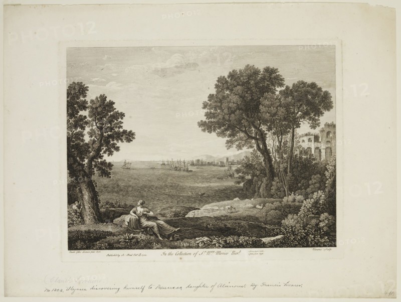 after Claude Gellée, French, 1600-1682, Ulysses Revealing Himself to Nausicaa, Daughter of Alcinous, ca. 1742, etching and engraving printed in black ink on laid paper, Plate: 12 1/4 × 15 7/8 inches (31.1 × 40.3 cm)