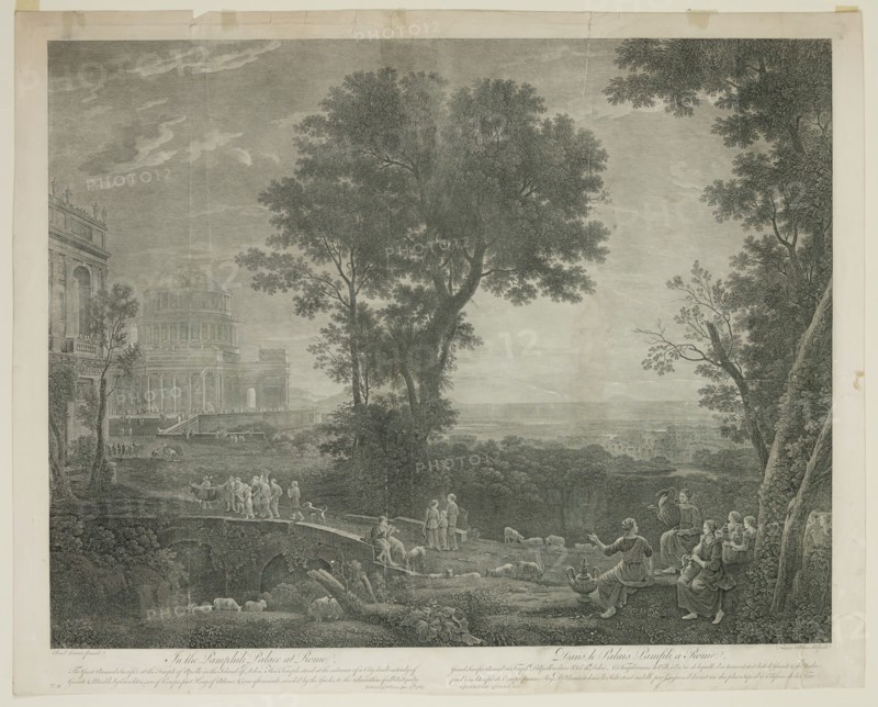 after Claude Gellée, French, 1600-1682, Priests Leading a Sacrificial Bull to the Temple of Apollo, 1764, etching and engraving printed in black ink on wove paper, Plate: 19 3/8 × 23 5/8 inches (49.2 × 60 cm)