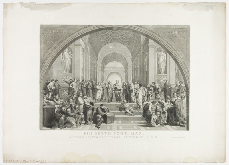 Giovanni Volpato, Italian, 1733-1803, after Giuseppe Cades, Italian, 1750-1799, after Raphael, Italian, 1483-1520, The School of Athens, 1779, Engraving printed in black ink on wove paper, Plate: 22 3/8 × 29 1/4 inches (56.8 × 74.3 cm)