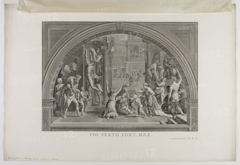 Giovanni Volpato, Italian, 1733-1803, after Bernardino Nocchi, Italian, 1741-1812, after Raphael, Italian, 1483-1520, The Fire in the Borgo, between 1733 and 1803, Engraving printed in black ink on wove paper, Plate: 4 7/8 × 29 1/2 inches (12.4 × 74.9 cm)