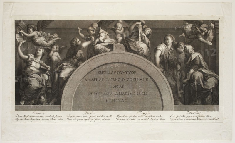 Giovanni Volpato, Italian, 1733-1803, after Raphael, Italian, 1483-1520, The Four Sibyls, Cumana, Persica, Phyrgia, and Tiburtina in the Church of Sta., 1772, engraving printed in black ink on laid paper, Plate: 10 1/2 × 20 7/8 inches (26.7 × 53 cm)