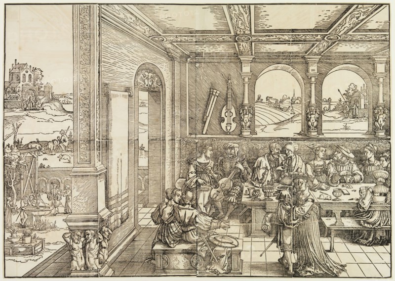 Hans Sebald Beham, German, 1500-1550, Return of the Prodigal Son, between 1500 and 1550, woodcut printed from eight blocks in black ink on laid paper, Image: 26 × 36 3/4 inches (66 × 93.3 cm)