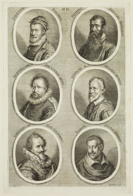 Johann Georg Waldreich, German, 1680-1680, Portraits of Giovanni Bolognini, Pieter Bruegel, Bartholomaeus Spranger, Iodocus A Wingen, Iohannes Ab Ach Coloniesis, Joseph Heinz, 17th century, engraving printed in black ink on laid paper, Plate: 12 3/8 × 8 1/8 inches (31.4 × 20.6 cm)