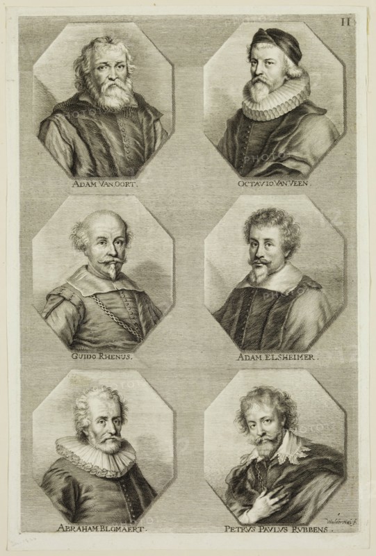 Johann Georg Waldreich, German, 1680-1680, Portraits of Adam van Noort, Otto Veen, Guido Reni, Adam Elsheimer, Abraham Blomaert, Petrus Paulus, Rubbens, 16th century, engraving printed in black ink on laid paper, Plate: 12 1/4 × 8 1/8 inches (31.1 × 20.6 cm)