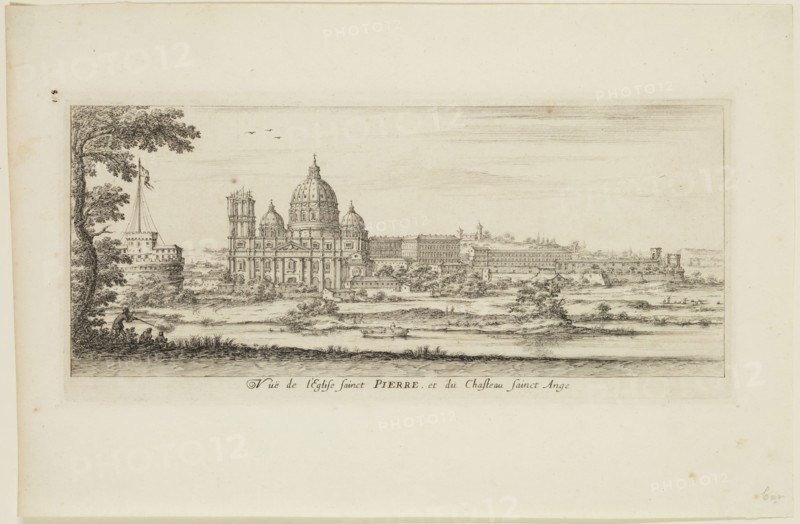 Francois Collignon, French, 1609-1657, View of Saint Peters and Castle of Saint Angelo, Rome, 1649-1650, etching printed in black ink on laid paper, Plate: 4 5/8 × 10 1/8 inches (11.7 × 25.7 cm)