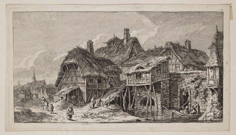 Franz Edmund Weirotter, Austrian, 1730-1773, Cottages, 18th century, etching printed in black ink on laid paper, Plate: 4 1/4 × 7 3/4 inches (10.8 × 19.7 cm)