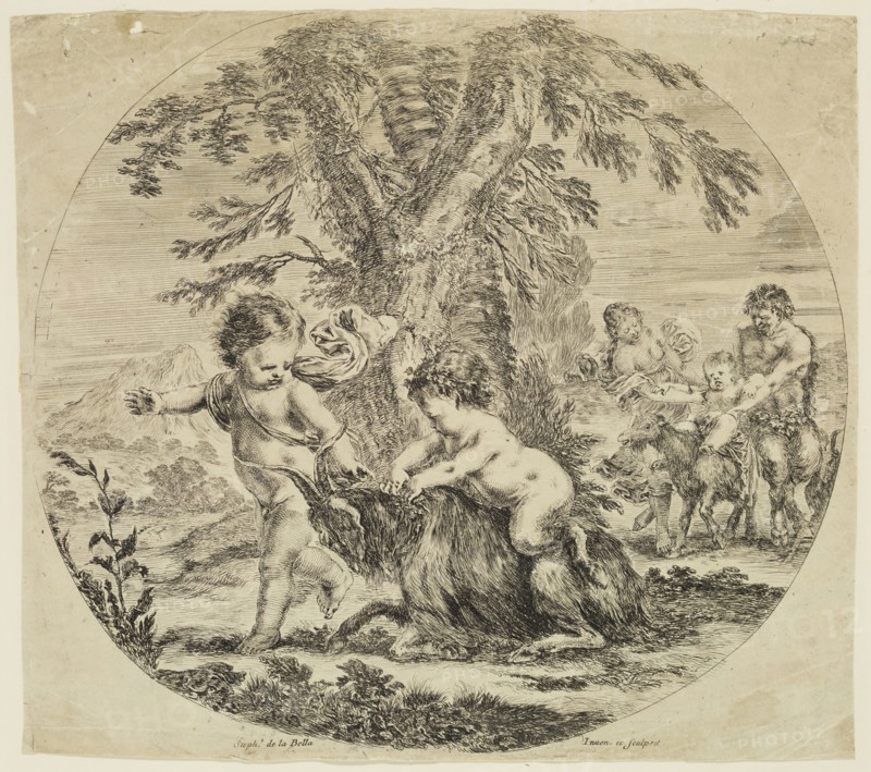 Stefano della Bella, Italian, 1610-1664, Two Children Playing with a Goat, ca. 1657, etching and engraving printed in black ink on wove paper, Sheet (trimmed within plate mark): 8 3/4 × 9 3/4 inches (22.2 × 24.8 cm)
