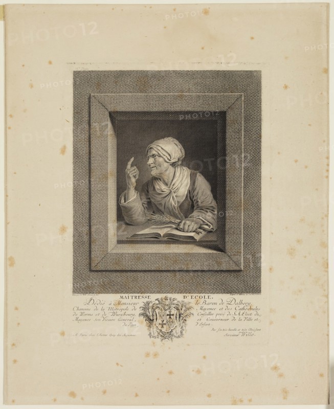 Johann Georg Wille, German, 1715-1808, after Pierre Alexandre Wille, French, 1748-1821, Schoolmistress, 1771, Engraving printed in black ink on wove paper, Plate: 9 3/4 × 7 1/8 inches (24.8 × 18.1 cm)