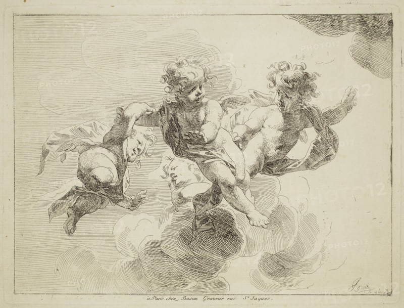 Jacob de Wit, Dutch, 1695-1754, Putti Hovering Amongst Clouds, 18th century, etching printed in black ink on laid paper, Plate: 7 1/4 × 9 5/8 inches (18.4 × 24.4 cm)