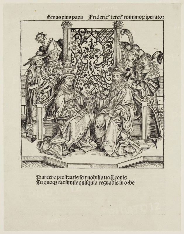 Wilhelm Pleydenwurff, German, 1494-1494, Michael Wohlgemut, German, 1434-1519, Pope Pius II Negotiating a Treaty with Emperor Frederic III, 1493, woodcut and letterpress printed in black ink on laid paper, Image: 9 1/8 × 8 7/8 inches (23.2 × 22.5 cm)