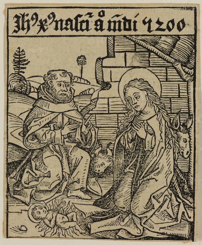 Michael Wohlgemut, German, 1434-1519, Nativity of Christ, ca. 1493, woodcut printed in black ink on laid (?) paper, Image: 3 1/2 × 2 7/8 inches (8.9 × 7.3 cm)