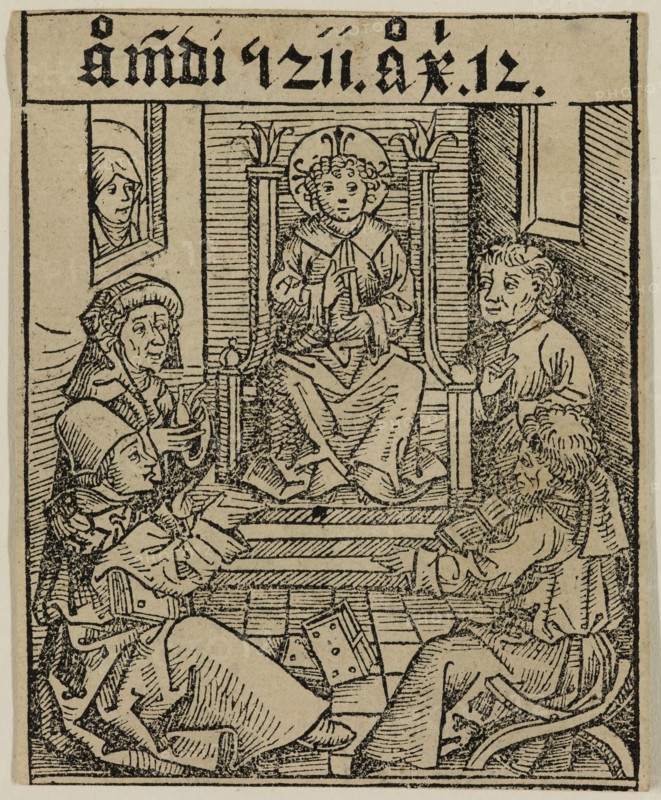 Michael Wohlgemut, German, 1434-1519, Christ Among the Doctors in the Temple, ca. 1493, woodcut printed in black ink on laid paper, Image: 3 5/8 × 2 3/4 inches (9.2 × 7 cm)