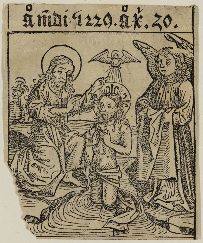 Michael Wohlgemut, German, 1434-1519, Baptism of Christ, ca. 1493, woodcut printed in black ink on laid paper, Image: 3 1/2 × 2 7/8 inches (8.9 × 7.3 cm)