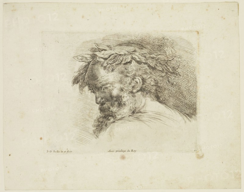 Stefano della Bella, Italian, 1610-1664, Head of an Old Man Wearing a Laurel Wreath, ca. 1641, etching printed in black ink on laid paper, Plate: 4 5/8 × 5 7/8 inches (11.7 × 14.9 cm)