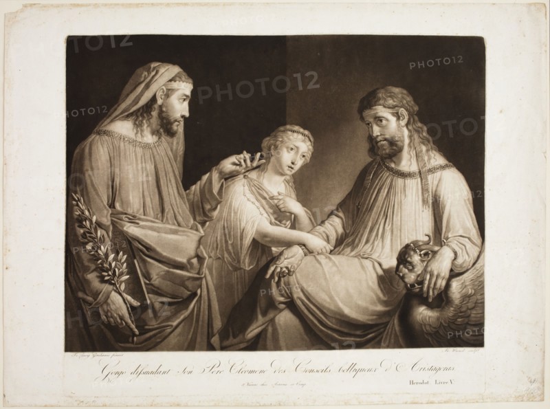 Franz Wrenk, German, 1766-1830, Gorgo Dissuading His Son Cleomenes from the Warlike Councils of Aristagorus, 18th and 19th century, mezzotint print in brown ink on wove paper, Plate: 18 1/8 × 21 3/8 inches (46 × 54.3 cm)