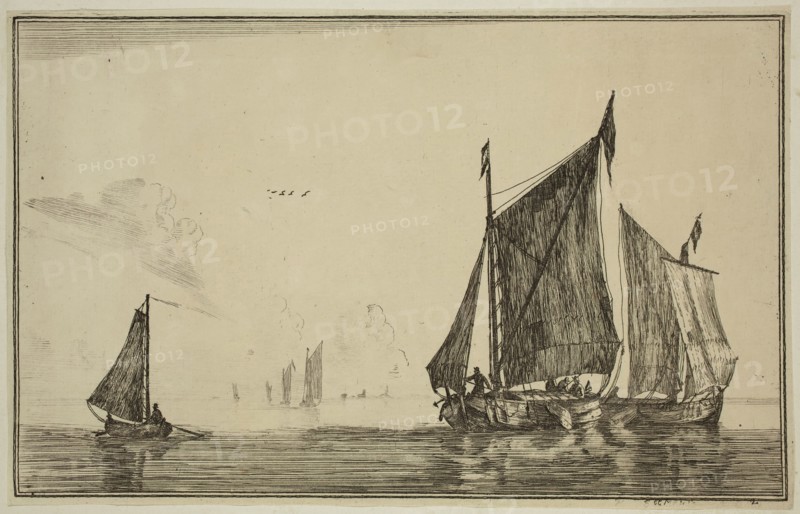Reinier Nooms, Dutch, 1623-1667, Three Sailing Vessels on a Calm Sea, 17th century, etching printed in black ink on laid paper, Sheet (trimmed within plate mark): 5 × 8 inches (12.7 × 20.3 cm)